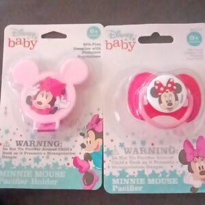 Disney Baby Minnie Mouse Pacifier and Holder Set - Pink and Red